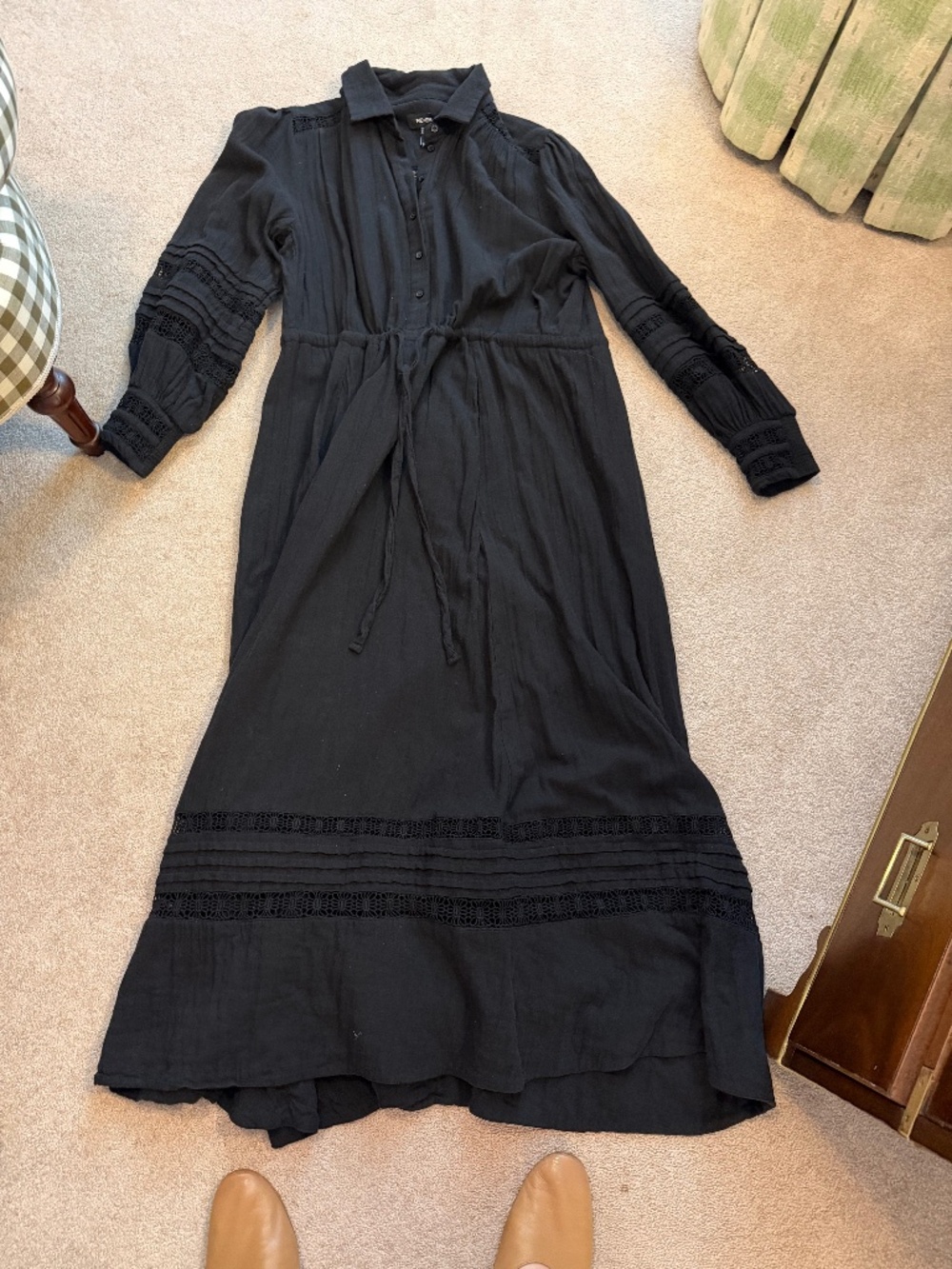 Me and Em Cotton Cheesecloth + Lace Black Maxi Dress with drawstring tie